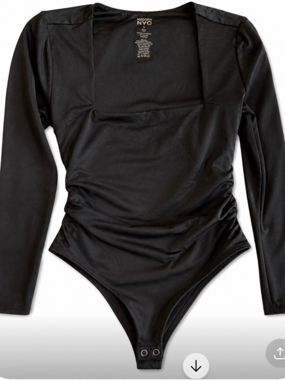Madden NYC Black Bodysuit Square Neck Long Sleeve Stretch. Size Large NWT